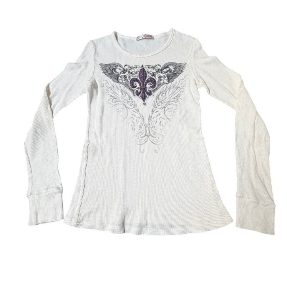 Wear Me Out‎ Y2K Waffle Knit Thermal Top Fleur-de-Lis Off White Rhinestone M